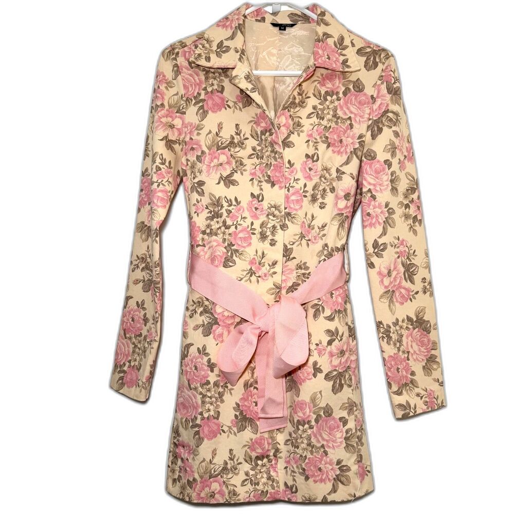 Zinc Floral Belted Trench Coat Jacket M Pink Cream Cotton Stretch Cottagecore